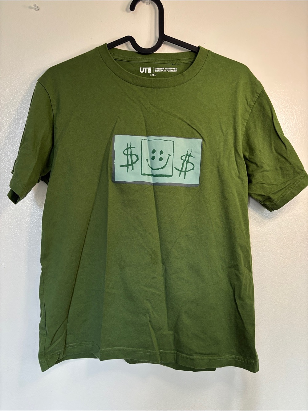 Uniqlo Olive Green Short Sleeve Tee with Mint Graphic Dollars